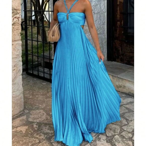 Dresses & Skirts - Blue Preppy Women's Spaghetti Straps Low Backless Flowy Maxi Sundress